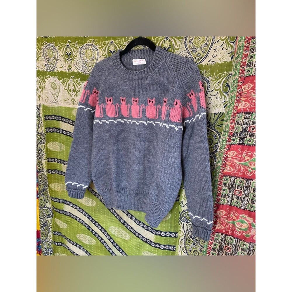 Handmade by Carol Gray/ Pink 100% Wool Cat Knit Sweater Size Small Teachercore - Picture 5 of 13